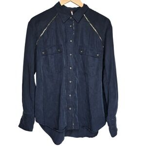 Free People Off Campus Embellished Long Sleeve Button Down Shirt Navy‎ Blue M
